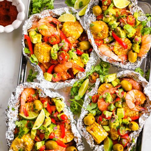 燻しFOIL Honey Chipotle Shrimp Foil Packets With Avocado Salsa - Fetty's